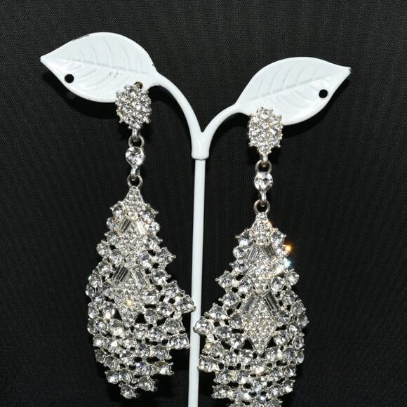 Vintage Long Rhinestone Wedding Earrings, Formal Bling 3 1/2 Inch Posts, 1990s - Picture 3 of 12